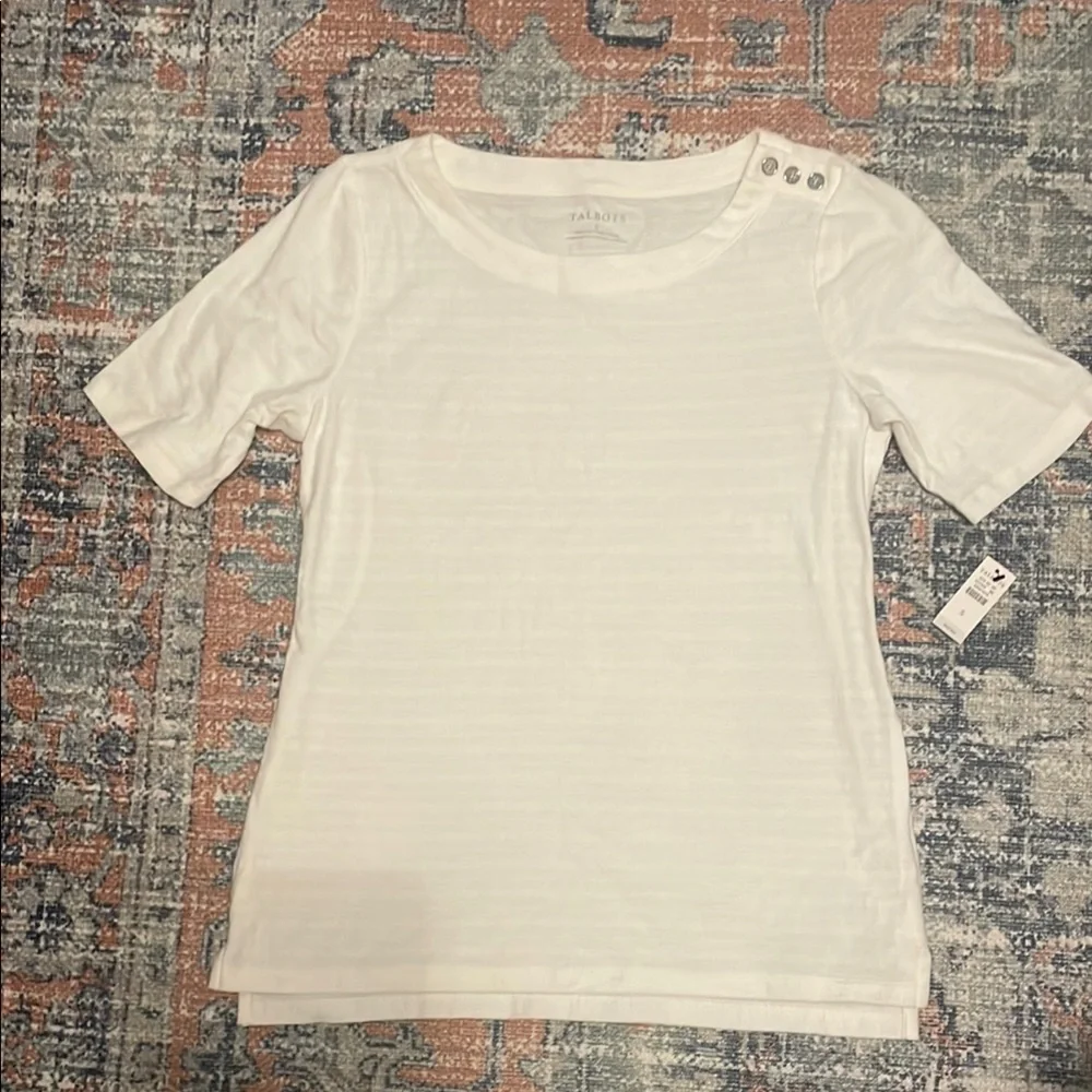 NWT: Talbots White Ribbed Fitted Short Sleeve Tee (size S) - Picture 1 of 7